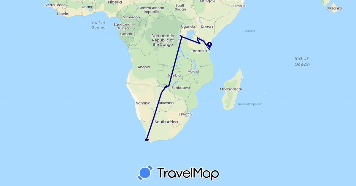 TravelMap itinerary: driving in Botswana, Rwanda, Tanzania, South Africa, Zambia (Africa)